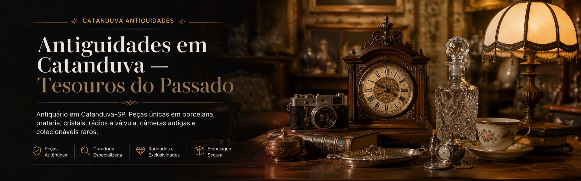 Catanduva Antiguidades — antiquário em Catanduva-SP com relógio de mesa, câmera fotográfica, cristais e porcelanas antigas